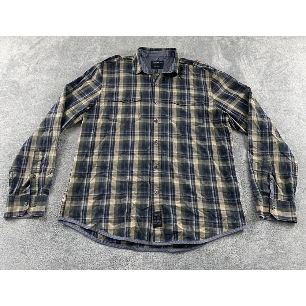Calvin Klein Jeans Mens Large Plaid Button Up Shirt Green Blue Military Utility